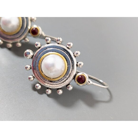 White Faux Pearl Modernist Earrings Two Tone Red Drop Chic Atomic - Picture 4 of 8